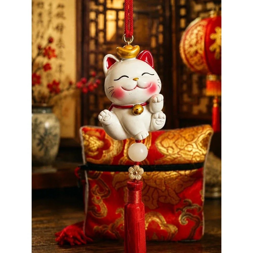 Lucky Cat Maneki Neko Hanging Charm 10” Red Tassel Brocade Zipper Pouch Asian